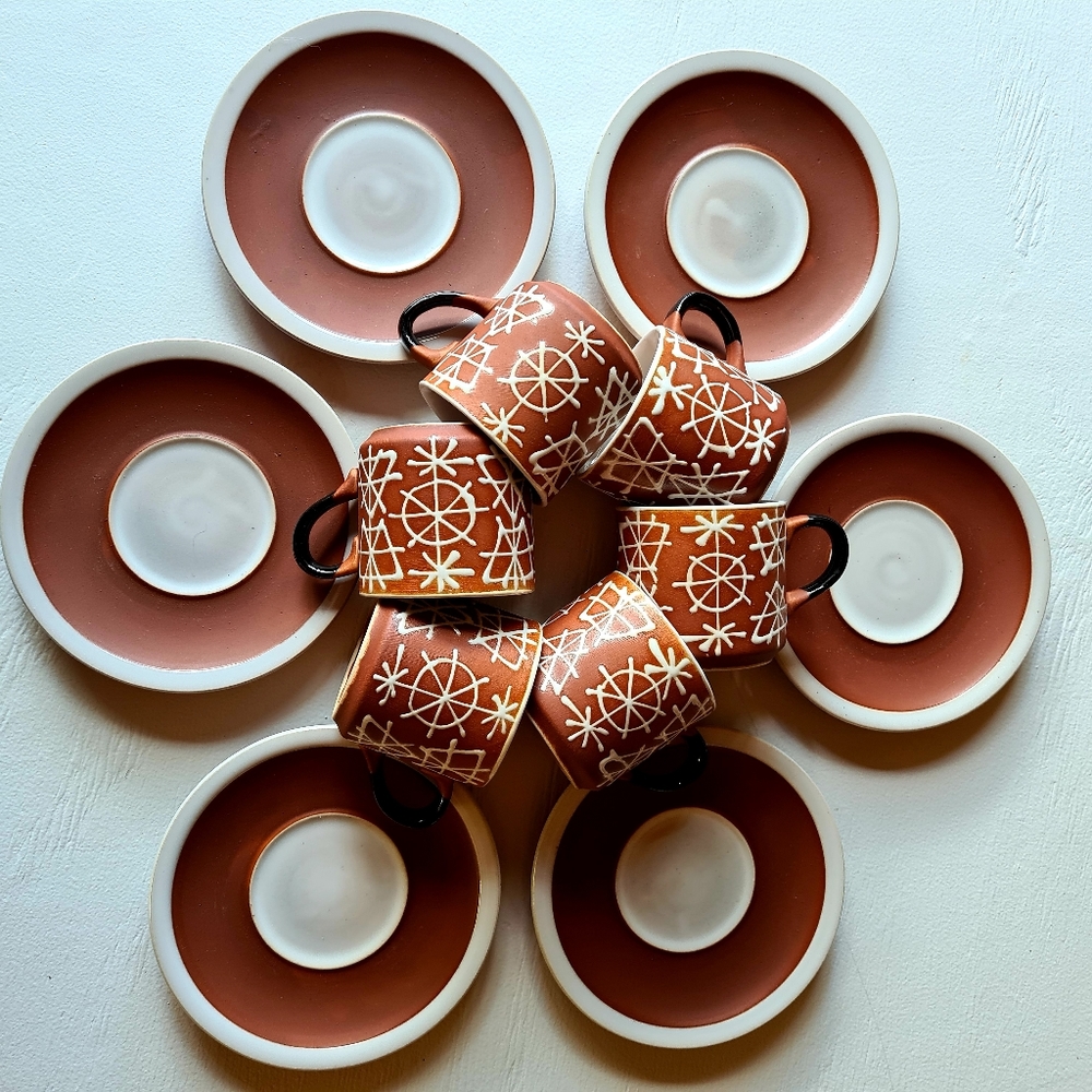 VINTAGE 70s 80s Japanese Brown White Black Cup & Saucer Set of 6 Tea Coffee Cups - Picture 6 of 13